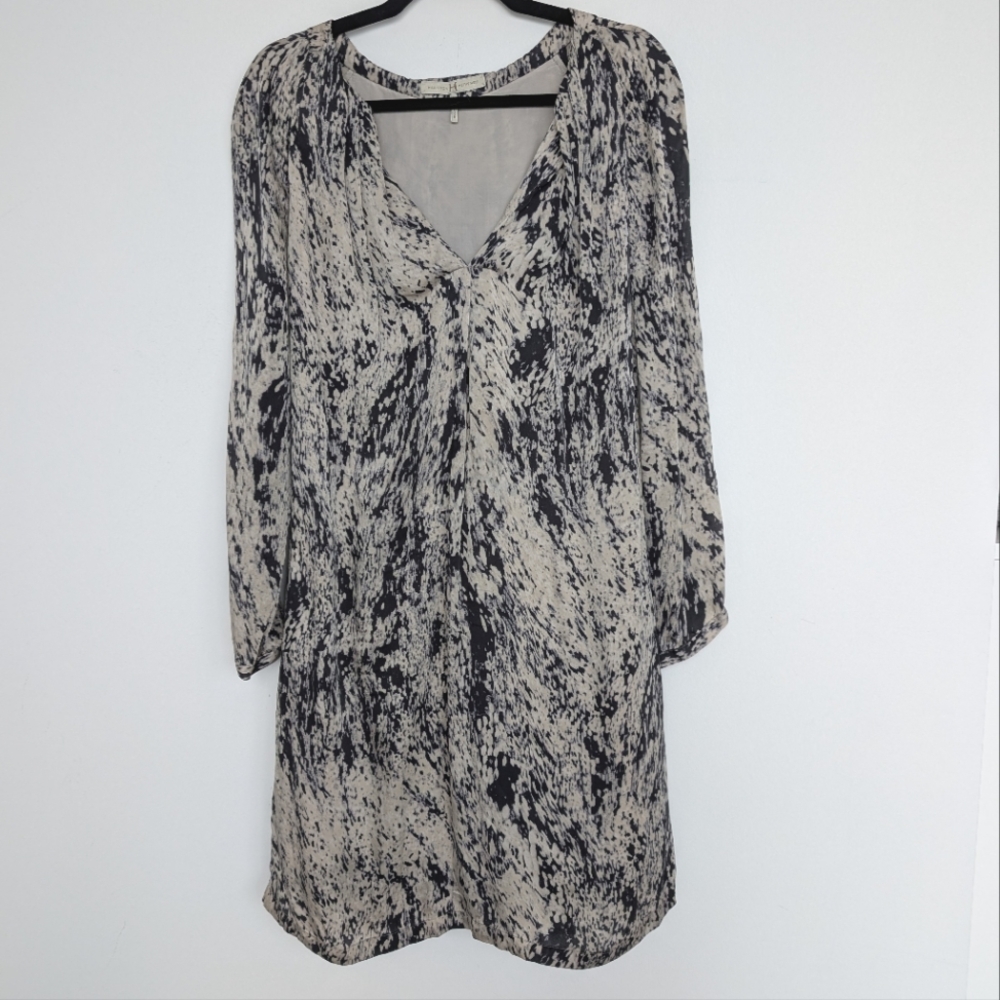 Halston Heritage 100% Silk Marble Patterned V Neck Long Sleeve Dress Sz 8
